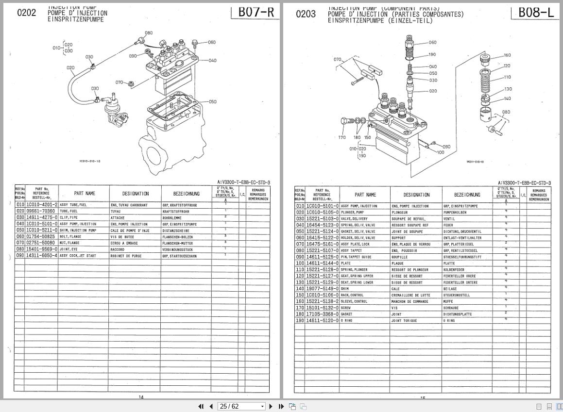 Kubota Diesel Engine V3300 T EBB Spare Parts List 97898 06380 2004 FR EN DE (2)