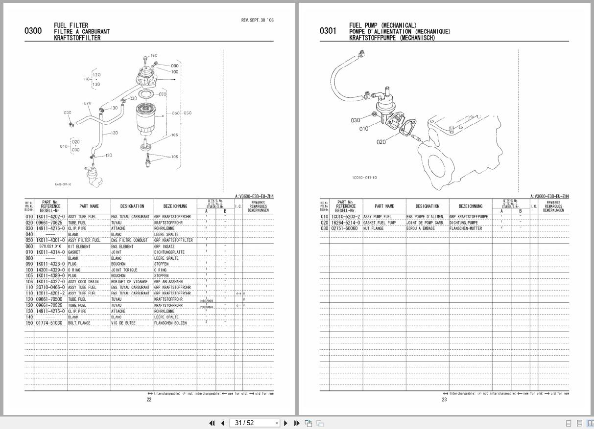 Kubota Diesel Engine V3600 E3B Spare Parts List 97898 73290 2008 FR EN DE (2)