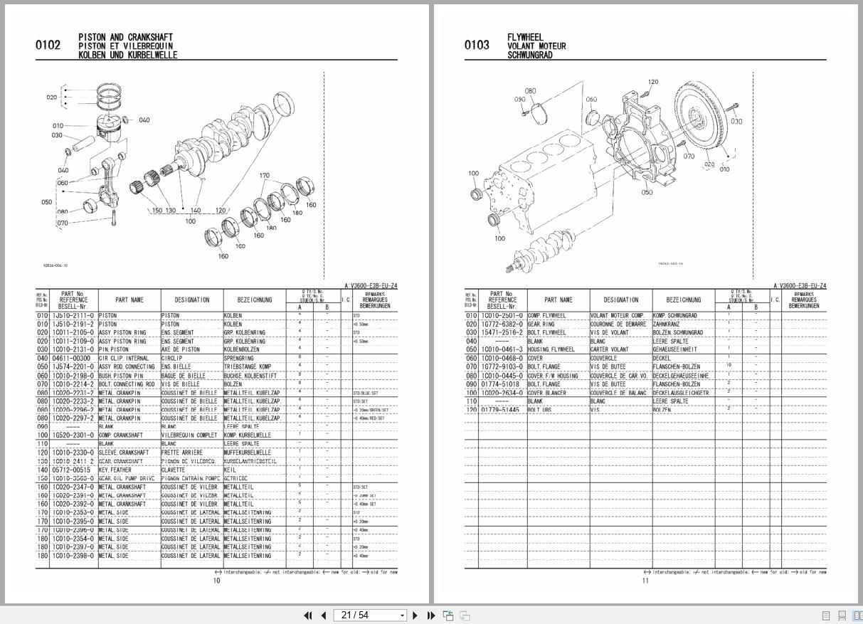 Kubota Diesel Engine V3600 E3B Spare Parts List 97898 73300 2008 FR EN DE (2)
