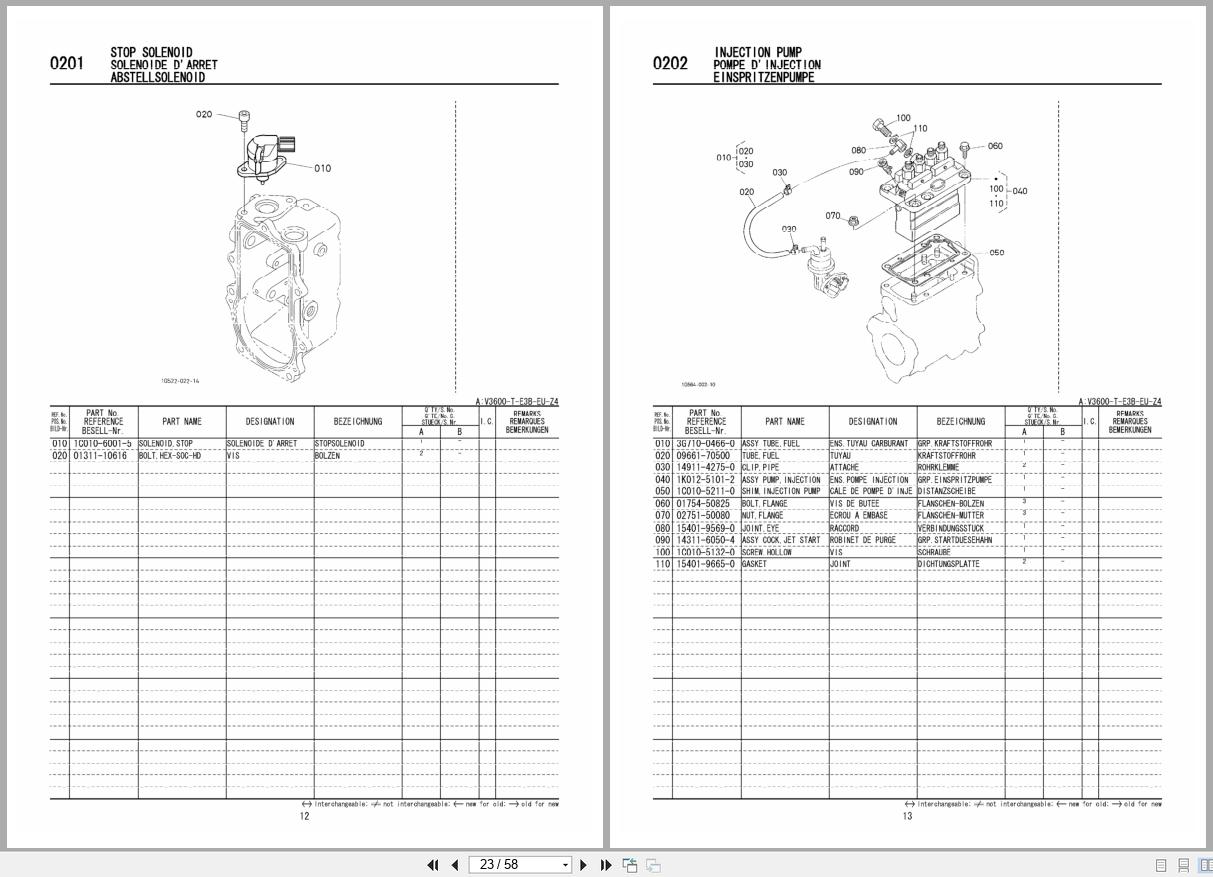 Kubota Diesel Engine V3600 T E3B Spare Parts List 97898 73280 2008 FR EN DE (2)