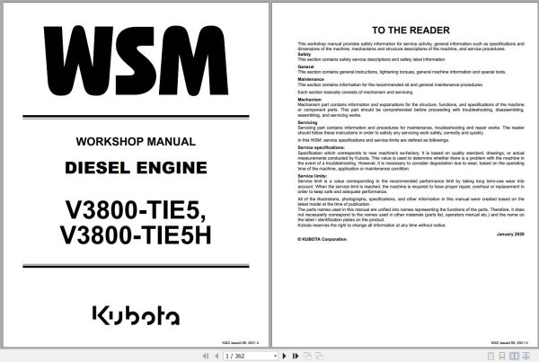 Kubota Diesel Engine V3800 TIE V3800 TIE5H Workshop Manual 9Y311 00201 2021 (1)
