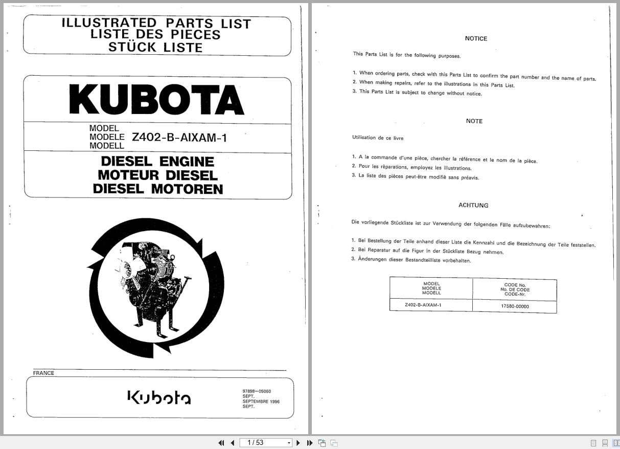 Kubota Diesel Engine Z402 B Aixam 1 Parts Manual 97898 05060 1996 (1)