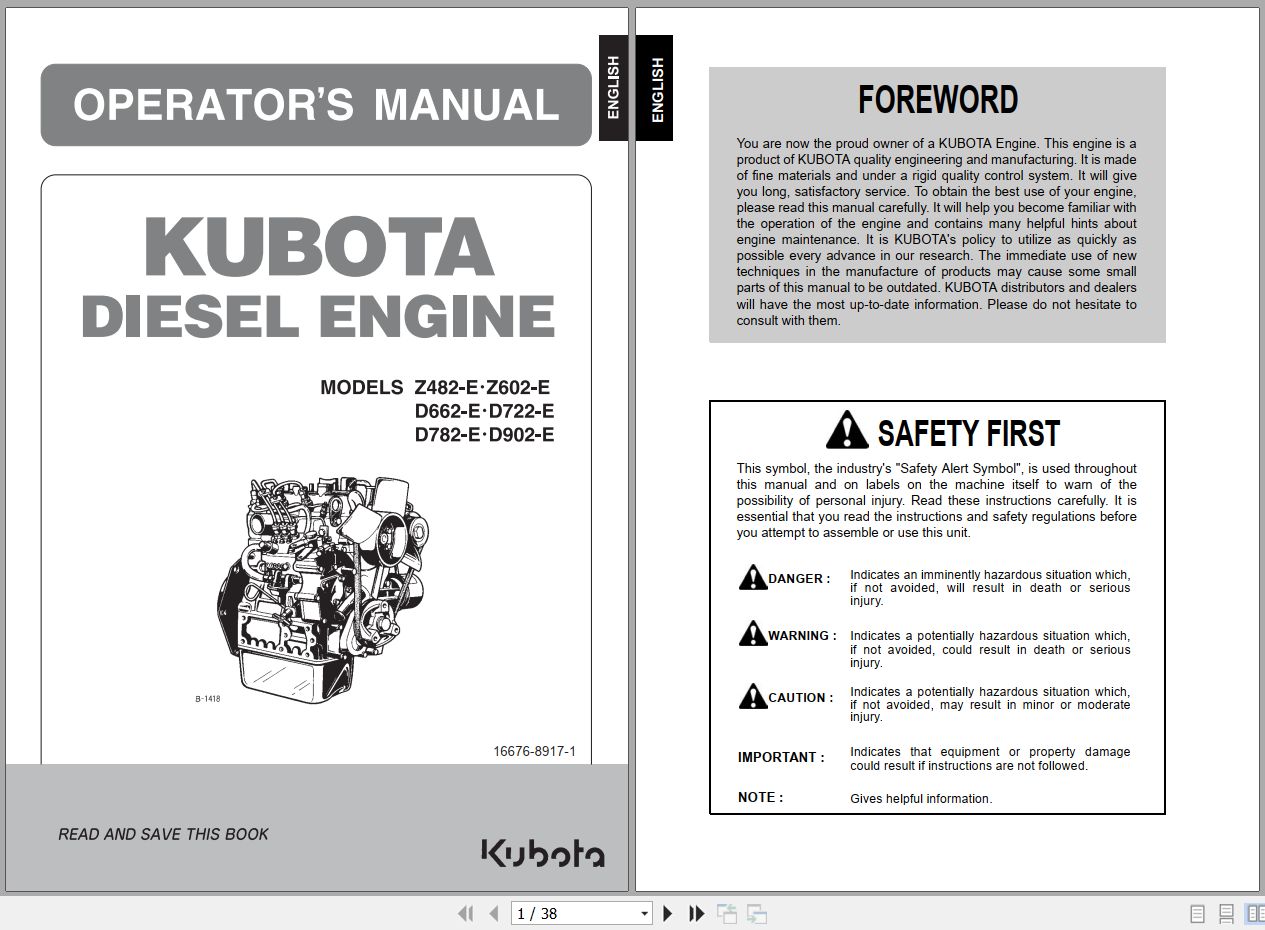 Kubota Diesel Engine Z482 E to D902 E Operators Manual 16676 8917 1 (1)