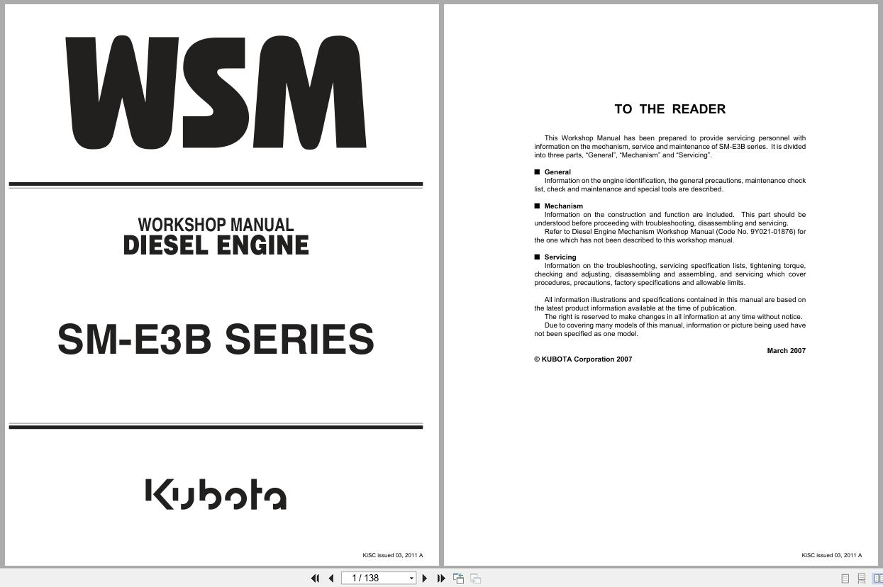 Kubota Diesel Engine Z482 E3B to D902 E3B Workshop Manual 9Y111 00133 2011 (1)