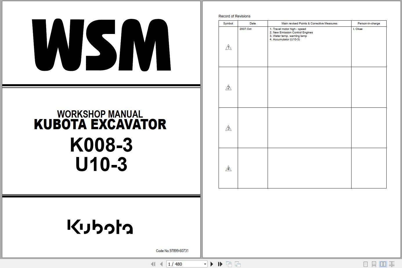 Kubota Excavator K008 3 U10 3 Workshop Manual 97899 60731 (1)