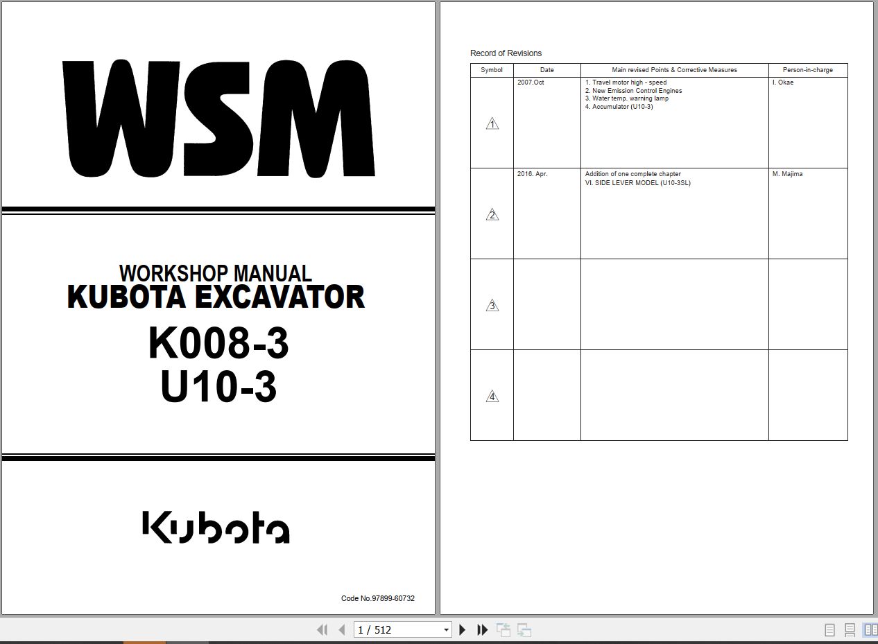 Kubota Excavator K008 3 U10 3 Workshop Manual 97899 60732 2016 (1)
