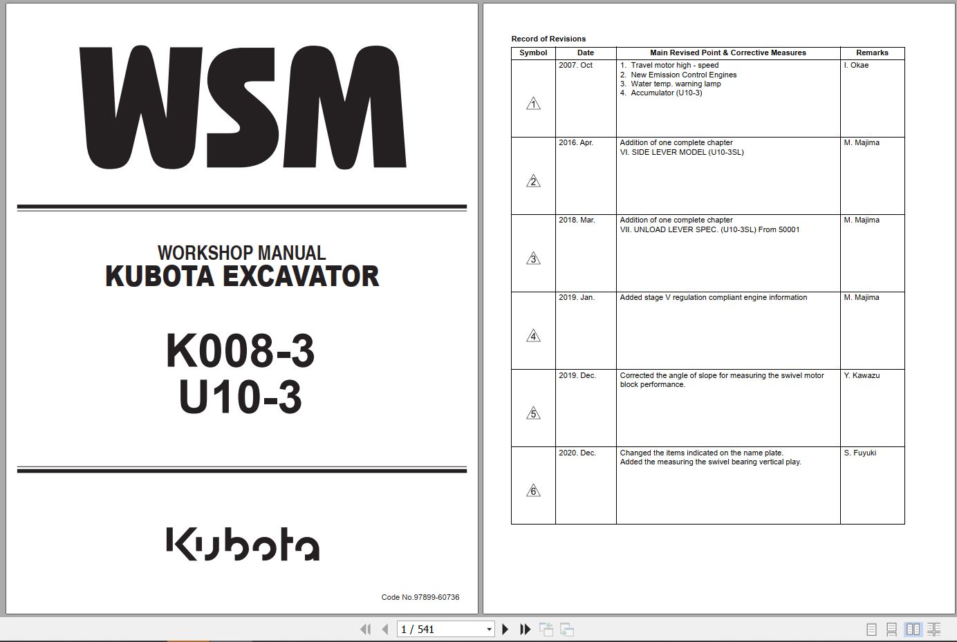 Kubota Excavator K008 3 U10 3 Workshop Manual 97899 60736 2020 (1)