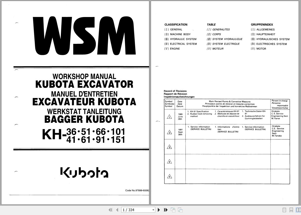 Kubota Excavator KH 36 to KH 151 Workshop Manual 97899 60062 2003 EN FR DE (1)