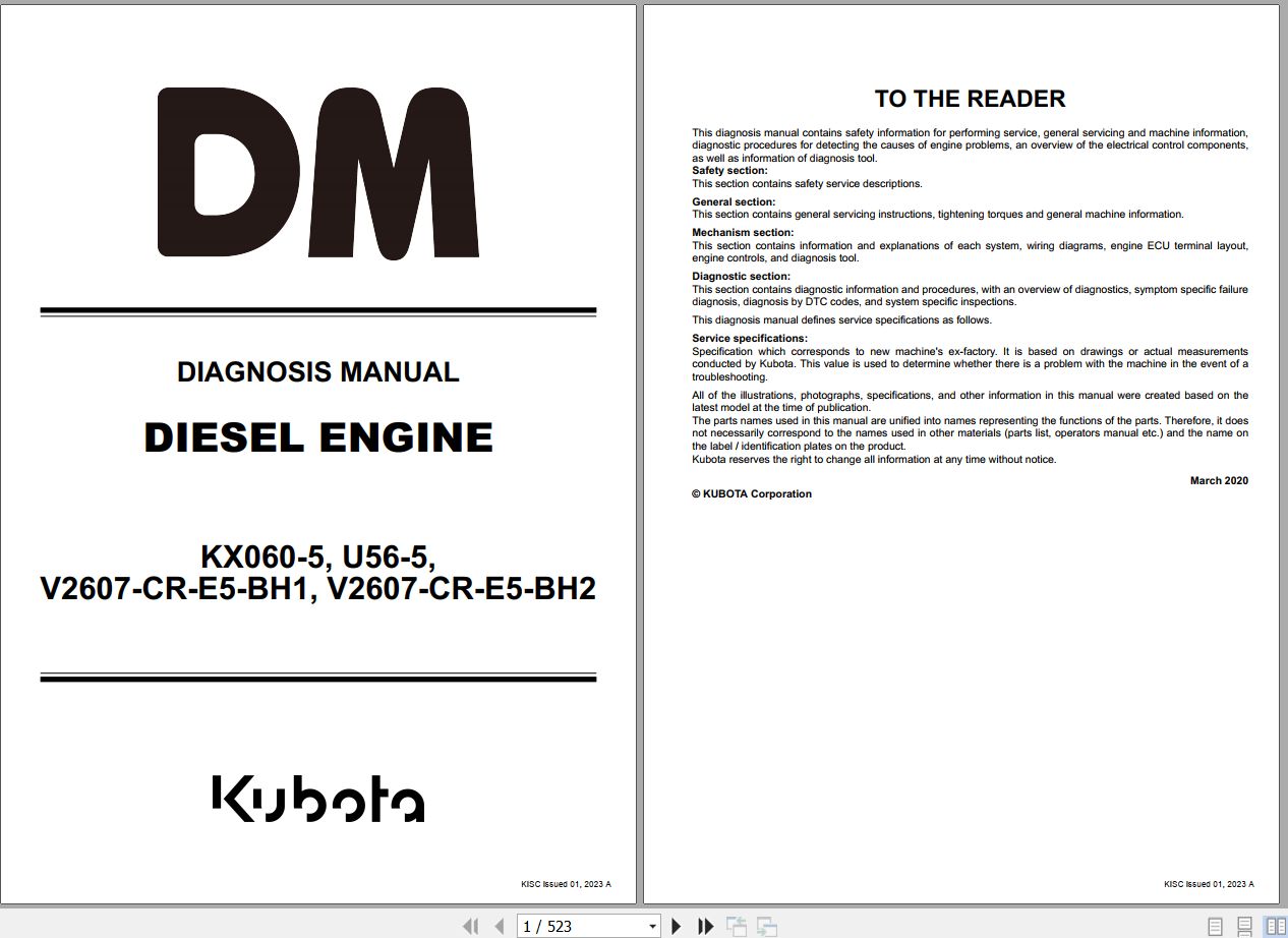 Kubota Excavator KX060 5 U56 5 Diagnosis Manual RY910 28422 2023 (1)