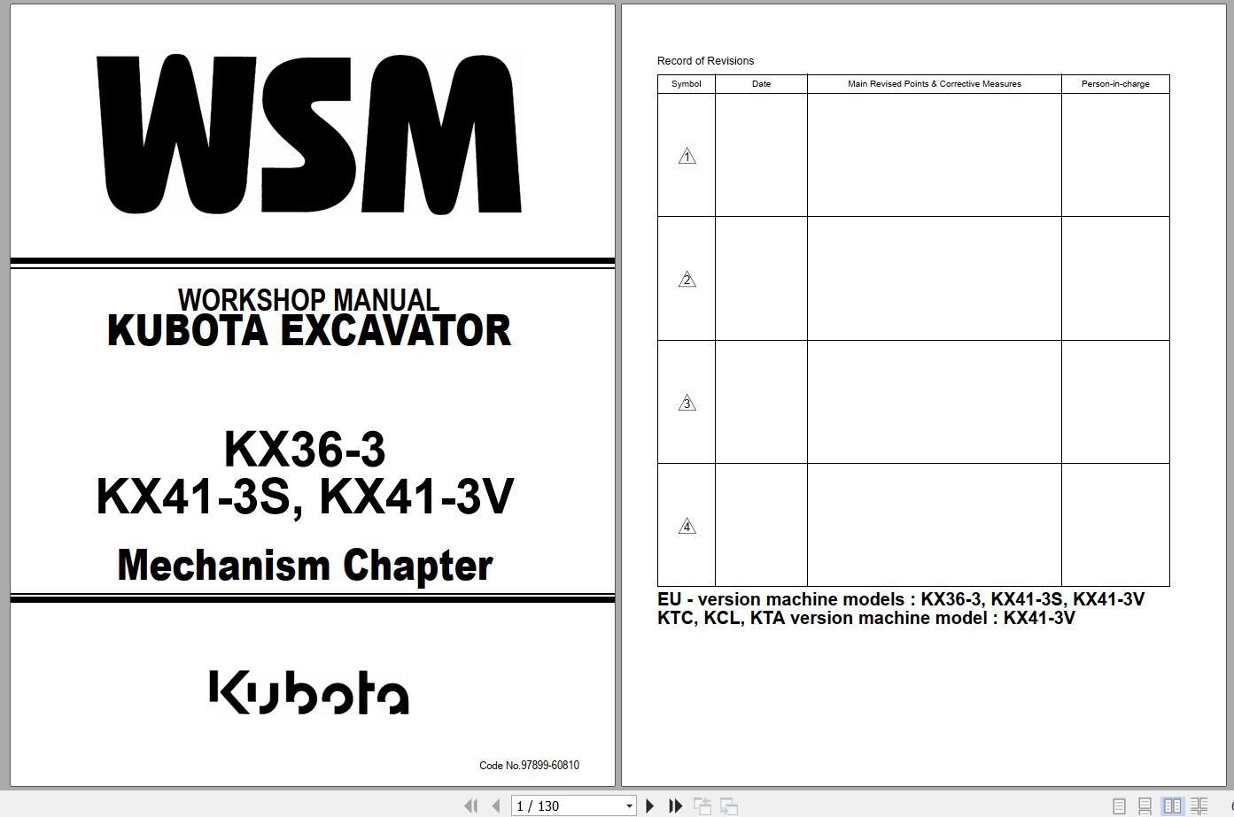 Kubota Excavator KX36 3 KX41 3S KX41 3V Workshop Manual 97899 60810 (1)