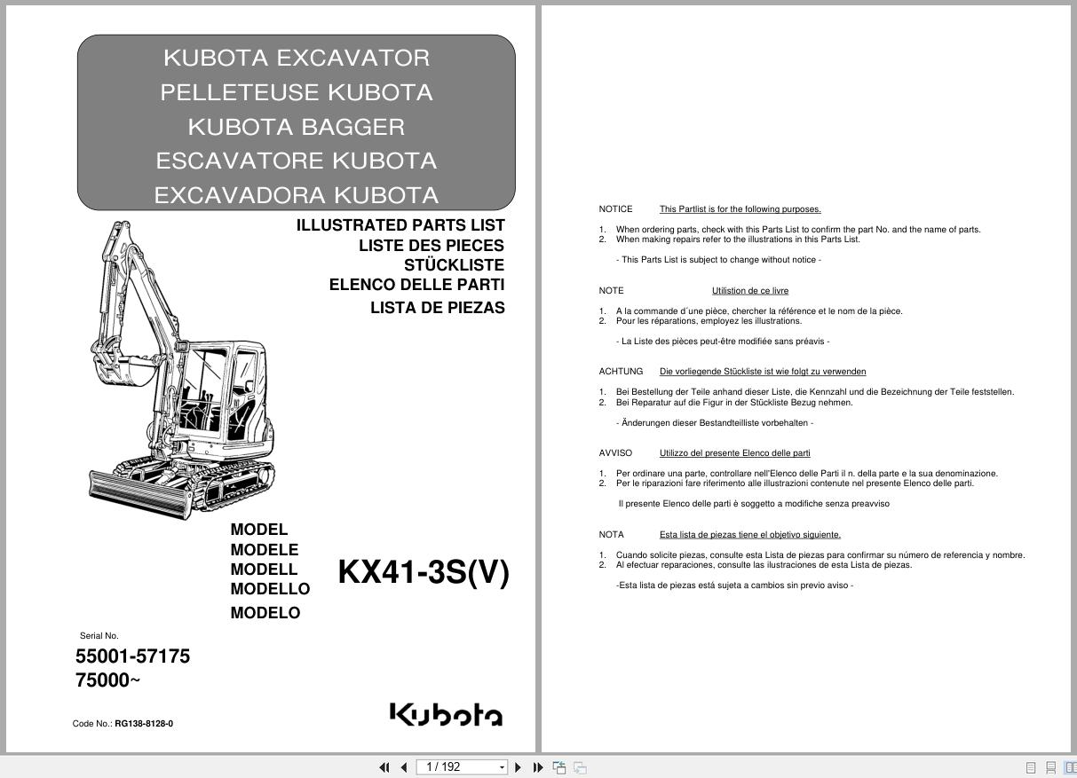 Kubota Excavator KX41 3S KX41 3SV Parts List RG138 8128 0 EN FR DE IT ES (1)