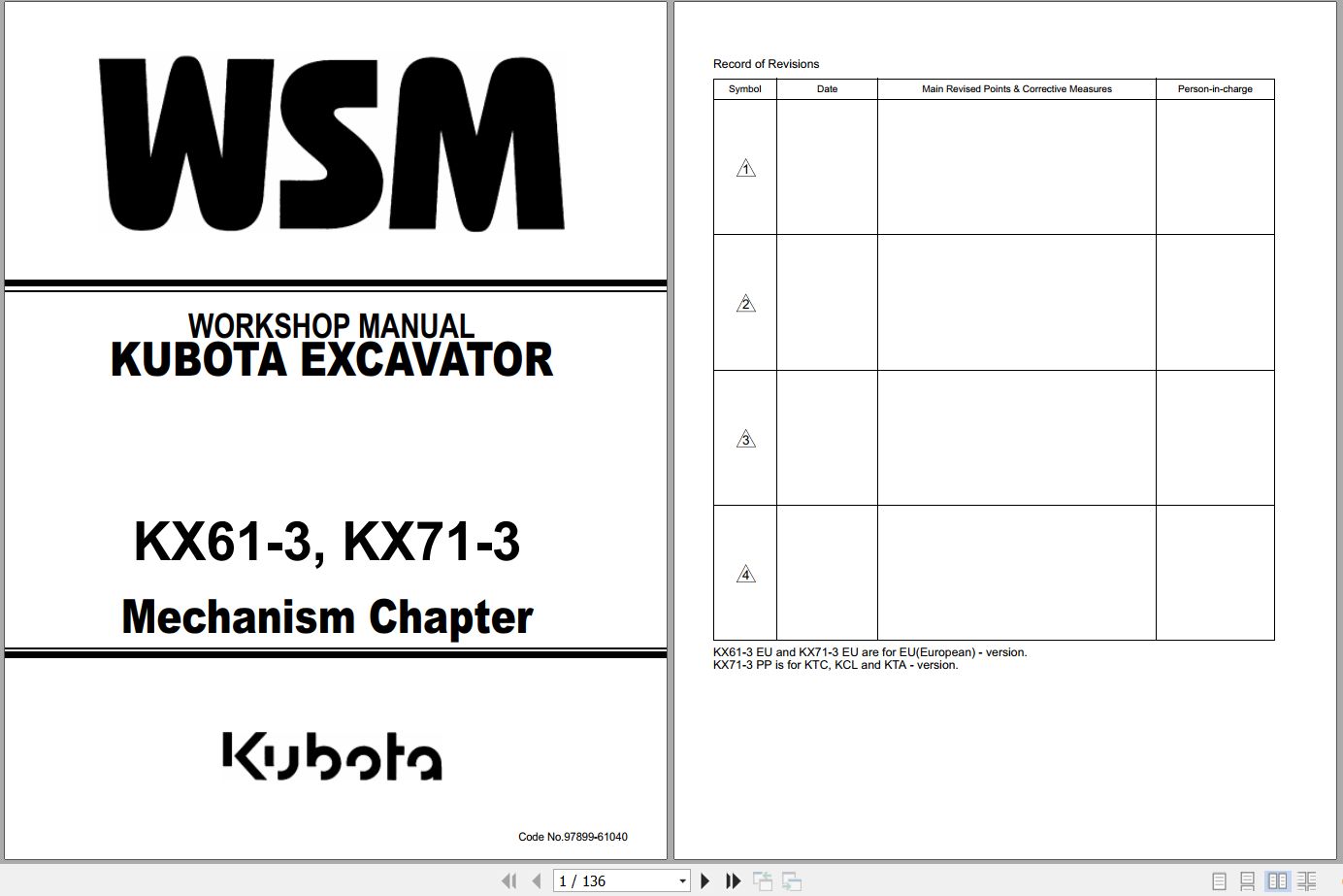 Kubota Excavator KX61 3 KX71 3 Workshop Manual 97899 61040 (1)