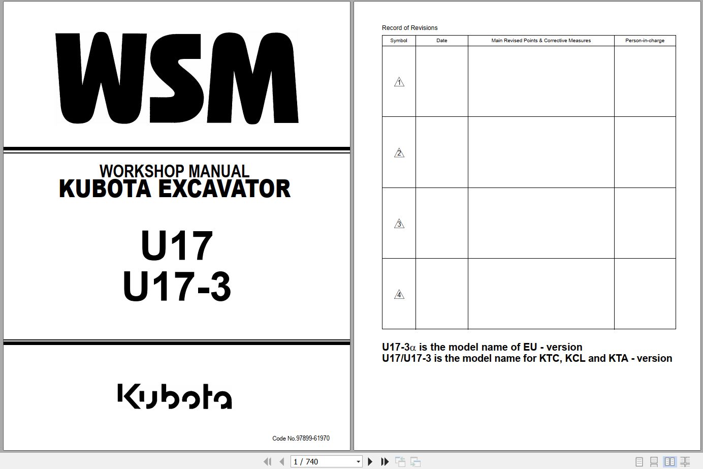 Kubota Excavator U17 U17 3 Workshop Manual 97899 61970 (1)