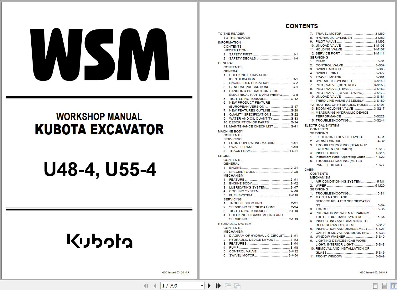 Kubota Excavator U48 4 U55 4 Workshop Manual RY921 20530 2010 (1)