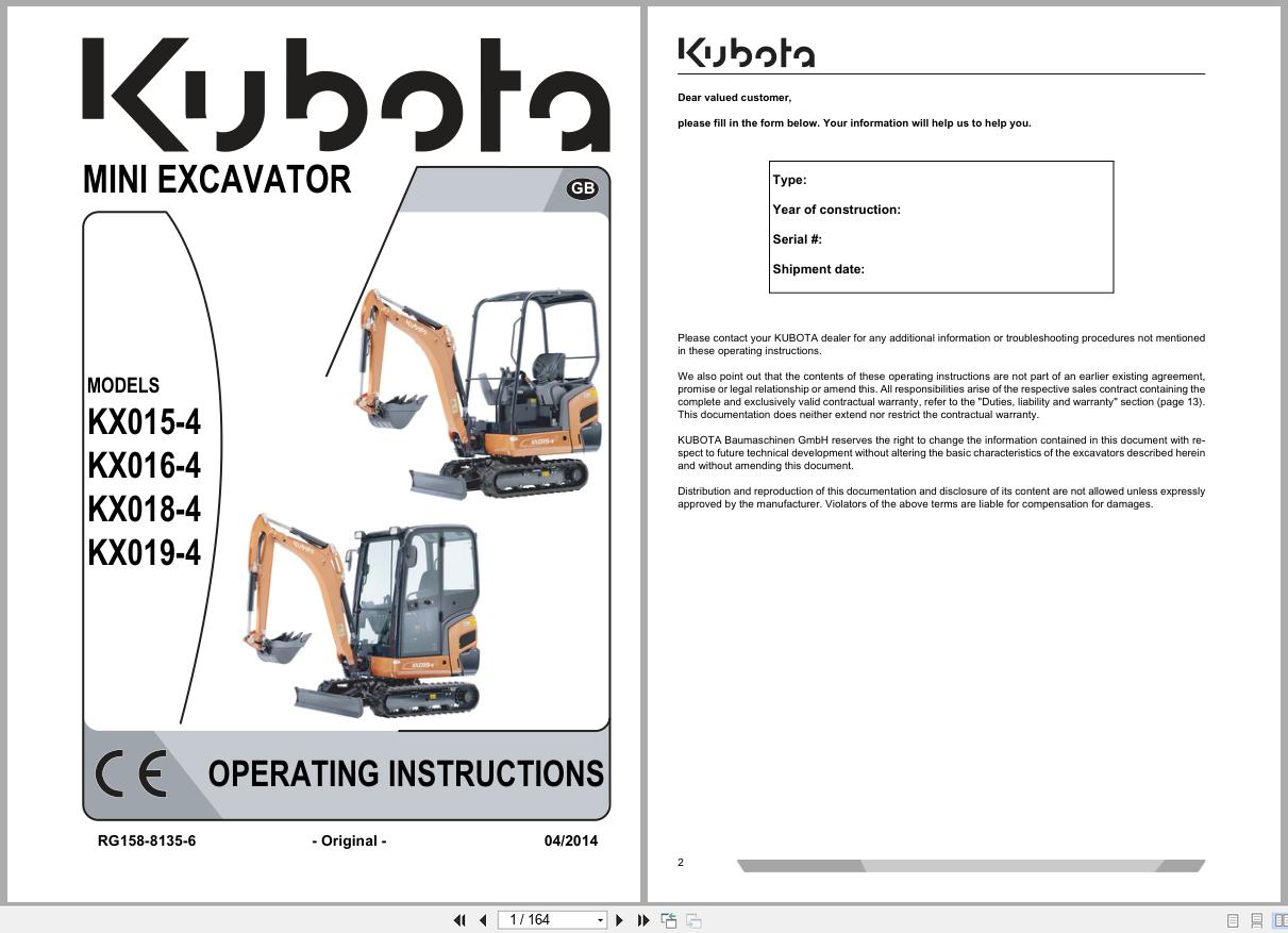 Kubota Mini Excavator KX015 4 to KX019 4 Operating Instructions RG138 8135 6 2014 (1)