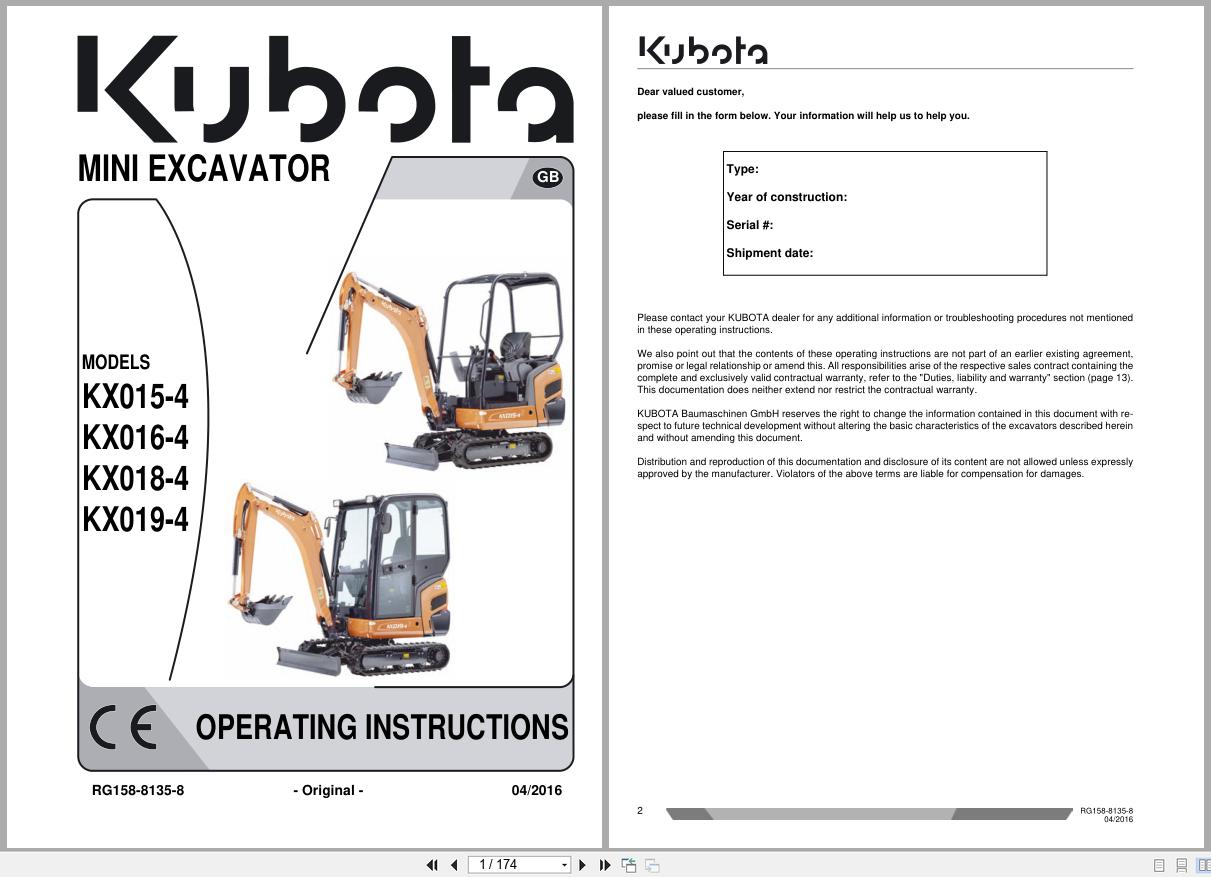 Kubota Mini Excavator KX015 4 to KX019 4 Operating Instructions RG138 8135 8 2016 (1)