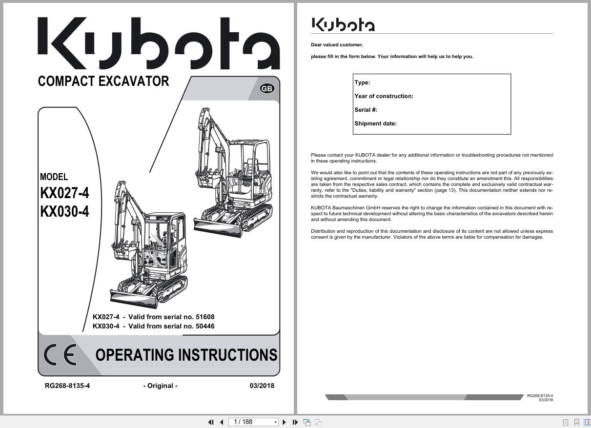 Kubota Mini Excavator KX027 4 KX030 4 Operating Instructions RG268 8135 4 2018 (1)