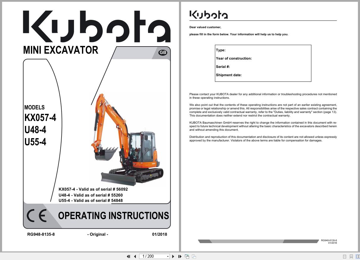 Kubota Mini Excavator KX057 4 U48 4 U55 4 Operating Instructions RG948 8135 8 2018 (1)