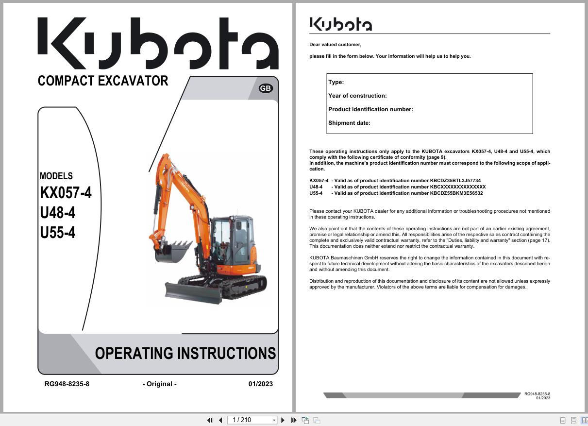 Kubota Mini Excavator KX057 4 U48 4 U55 4 Operating Instructions RG948 8235 8 2023 (1)