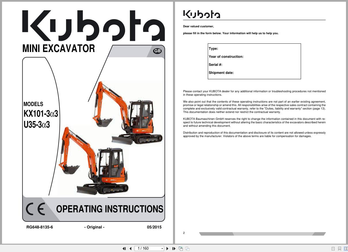 Kubota Mini Excavator KX101 3a3 U35 3a3 Operating Instruction RG648 8135 6 2015 (1)
