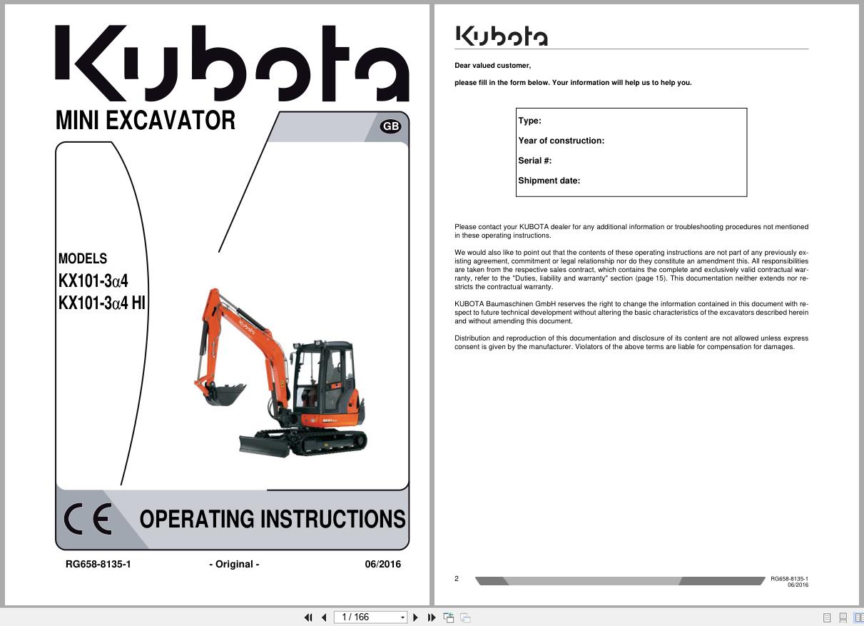 Kubota Mini Excavator KX101 3a4 kx101 3a4 HI Operating Instructions RG658 8135 1 2016 (1)