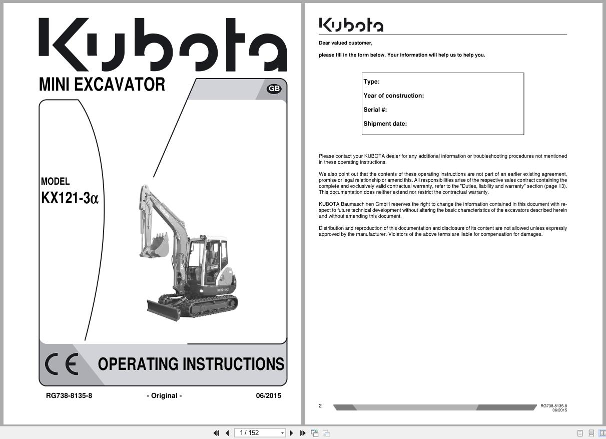 Kubota Mini Excavator KX121 3 Alpha Operating Instructions RG738 8135 8 2015 (1)