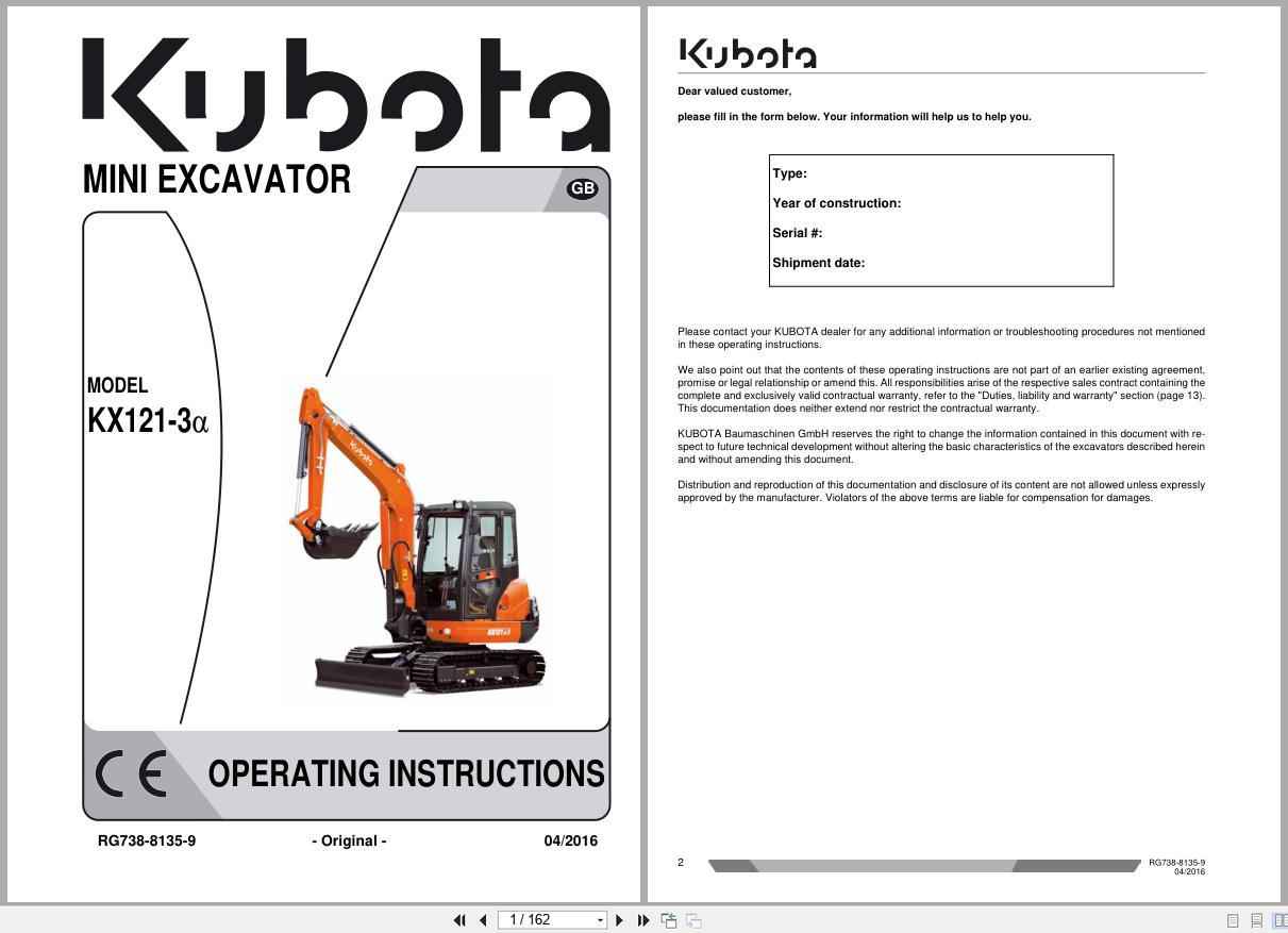 Kubota Mini Excavator KX121 3 Alpha Operating Instructions RG738 8135 9 2016 (1)