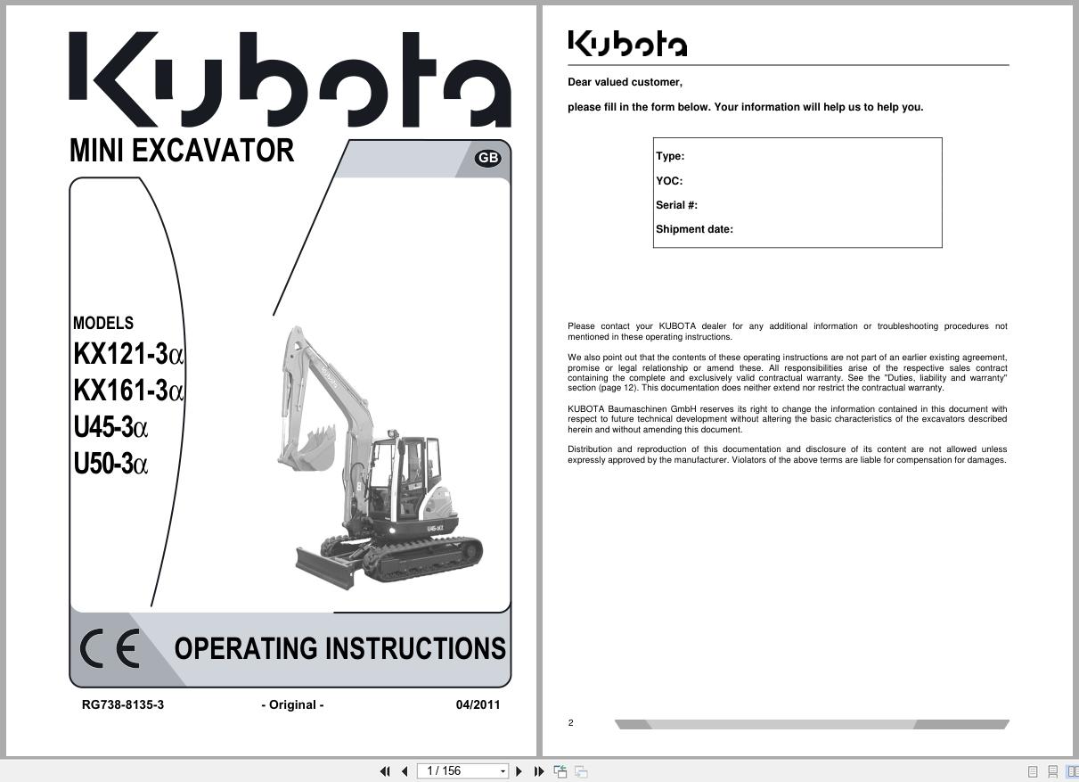 Kubota Mini Excavator KX121 3 Alpha to U50 3 Alpha Operating Instructions RG738 8135 3 2011 (1)
