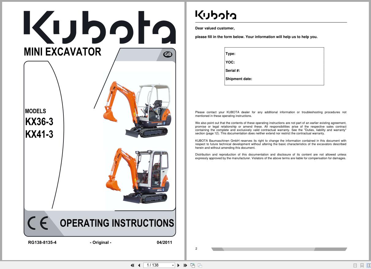 Kubota Mini Excavator KX36 3 KX41 3 Operating Instructions RG138 8135 4 2011 (1)
