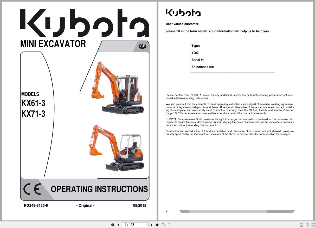 Kubota Mini Excavator KX61 3 KX71 3 Operating Instructions RG248 8135 9 2015 (1)