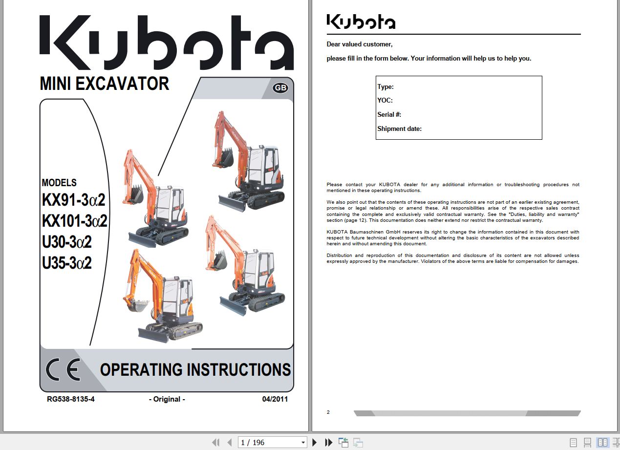 Kubota Mini Excavator KX91 3 Alpha 2 to U35 3 Alpha 2 Operating Instructions RG538 8135 4 2011 (2)