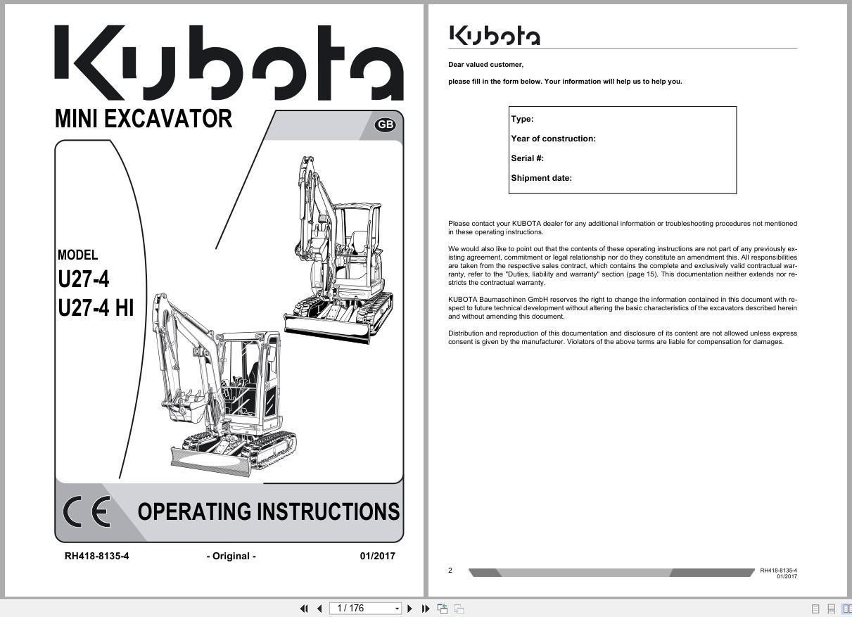 Kubota Mini Excavator U27 4 U27 4 HI Operating Instructions RH418 8135 4 2017 (1)
