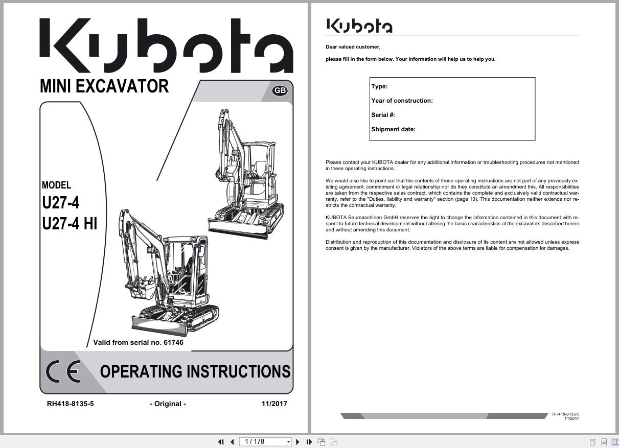 Kubota Mini Excavator U27 4 U27 4 HI Operating Instructions RH418 8135 5 2017 (1)