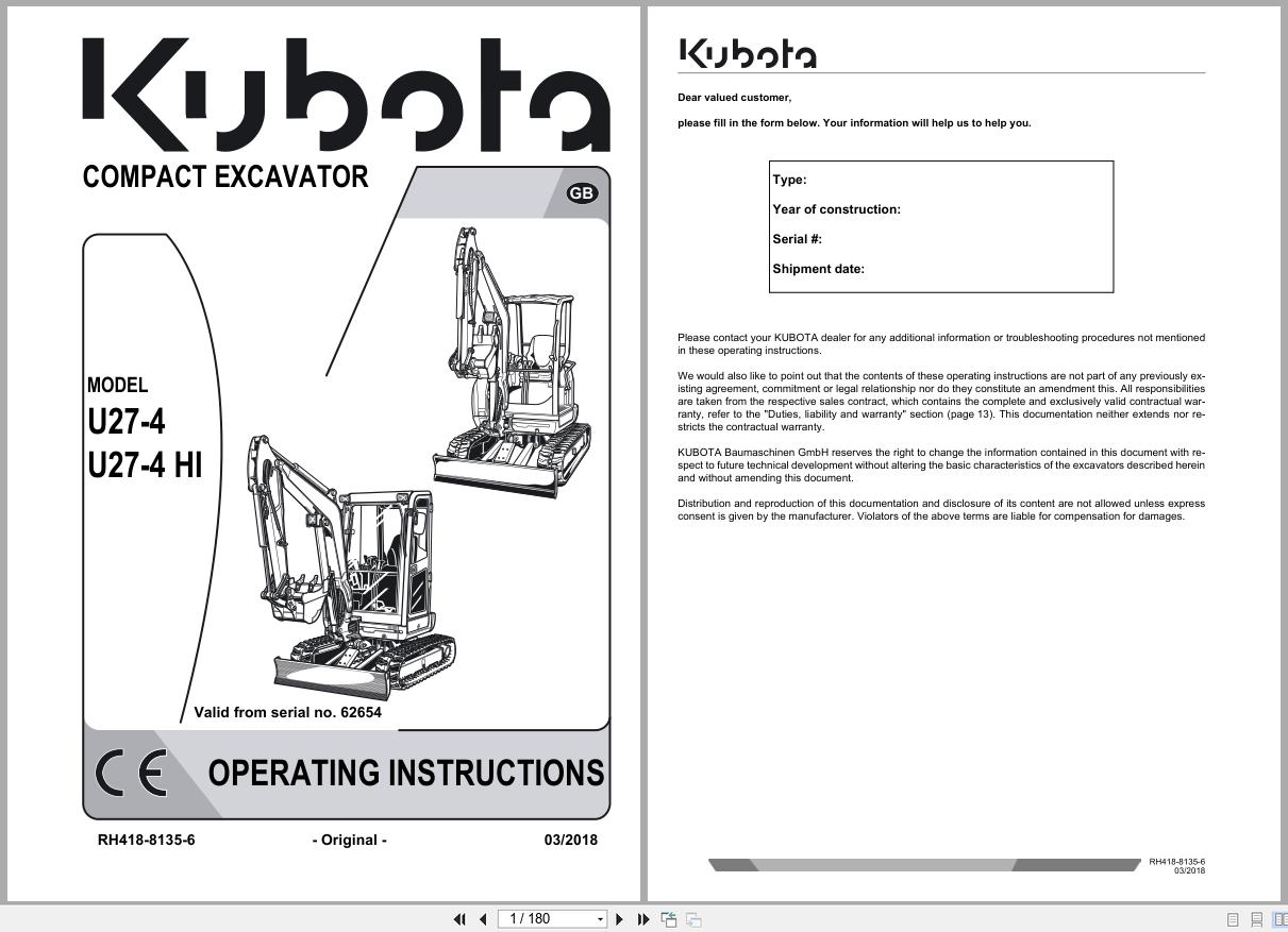 Kubota Mini Excavator U27 4 U27 4 HI Operating Instructions RH418 8135 6 2018 (1)