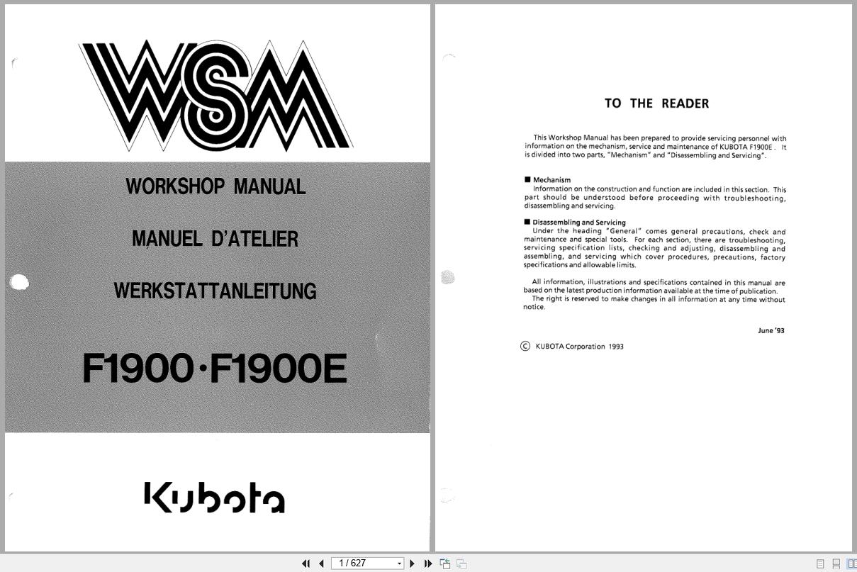 Kubota Mower F1900 F1900E Workshop Manual 1993 EN DE FR (1)
