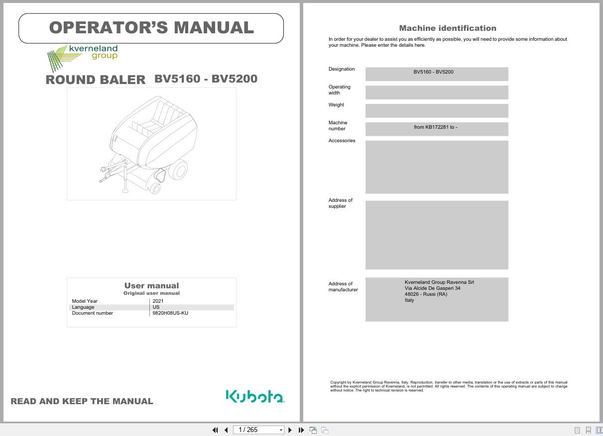 Kubota Round Baler BV5160 BV5200 Operators Manual (1)
