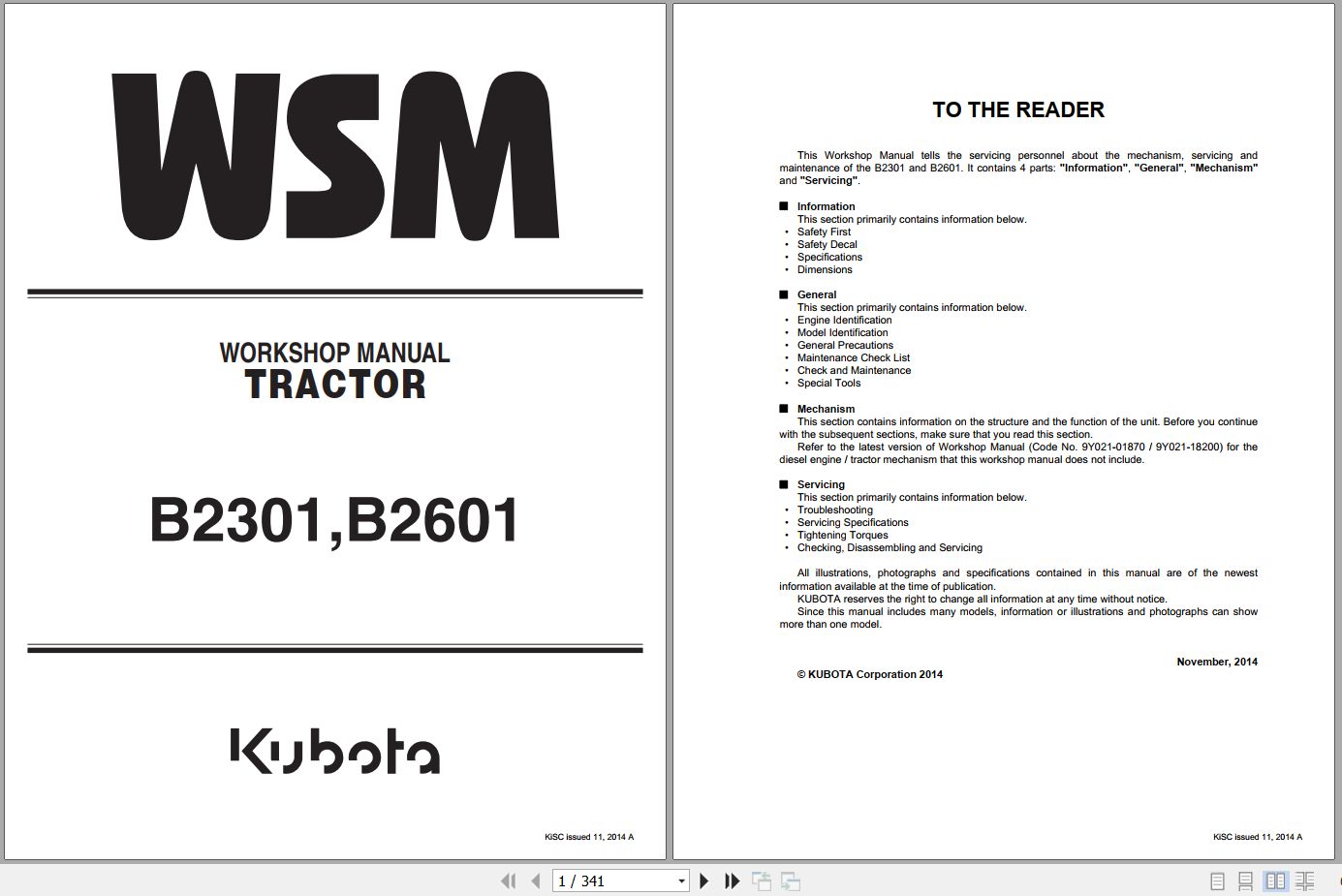Kubota Tractor B2301 B2601 Workshop Manual 9Y111 11560 2014 (1)