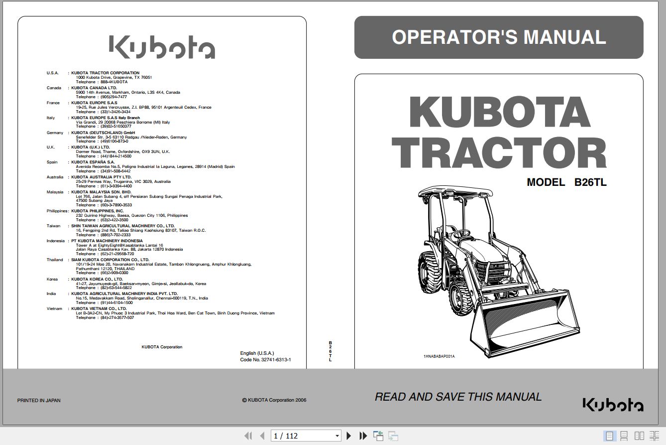 Kubota Tractor B26TL Operators Manual 32741 6313 1 2006 (1)