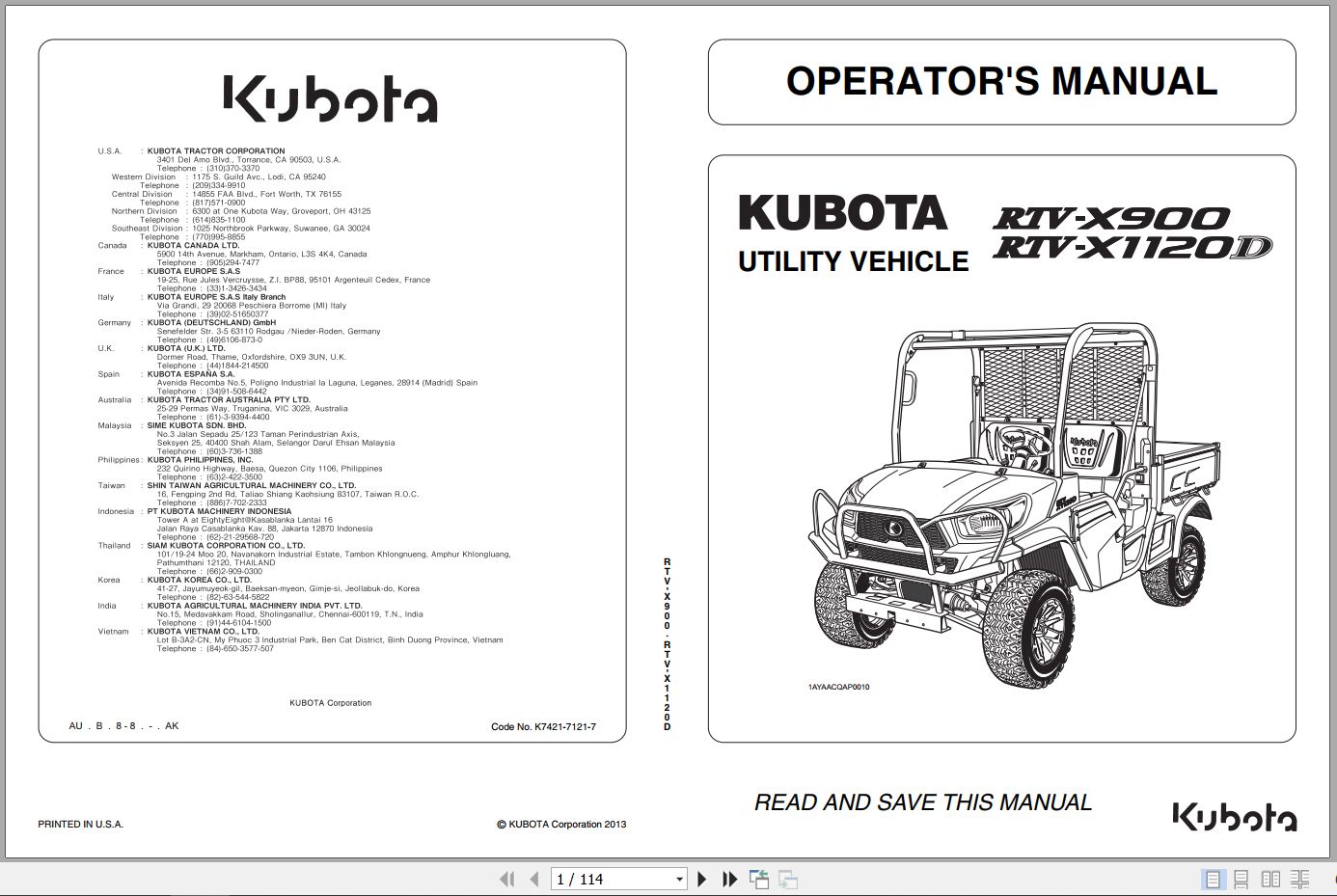Kubota Utility Vehicle RTV X900 RTV X1120D Operators Manual K7421 7121 7 2013 (1)