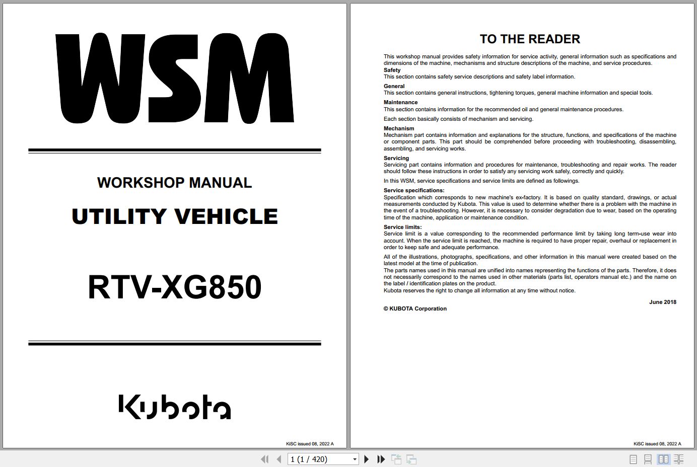 Kubota Utility Vehicle RTV XG850 Workshop Manual 9Y111 18026 2022 (1)