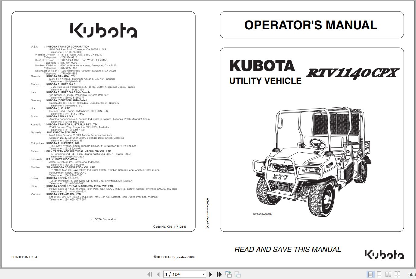 Kubota Utility Vehicle RTV1140CPX Operators Manual K7611 7121 5 2009 (1)