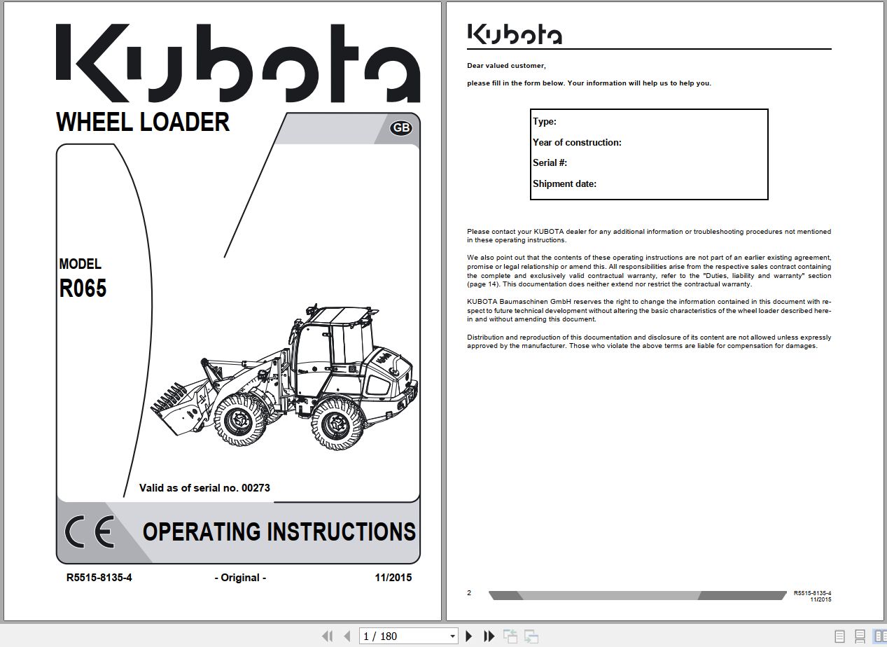 Kubota Wheel Loader R065 Operating Instructions R5515 8135 4 2015 (1)
