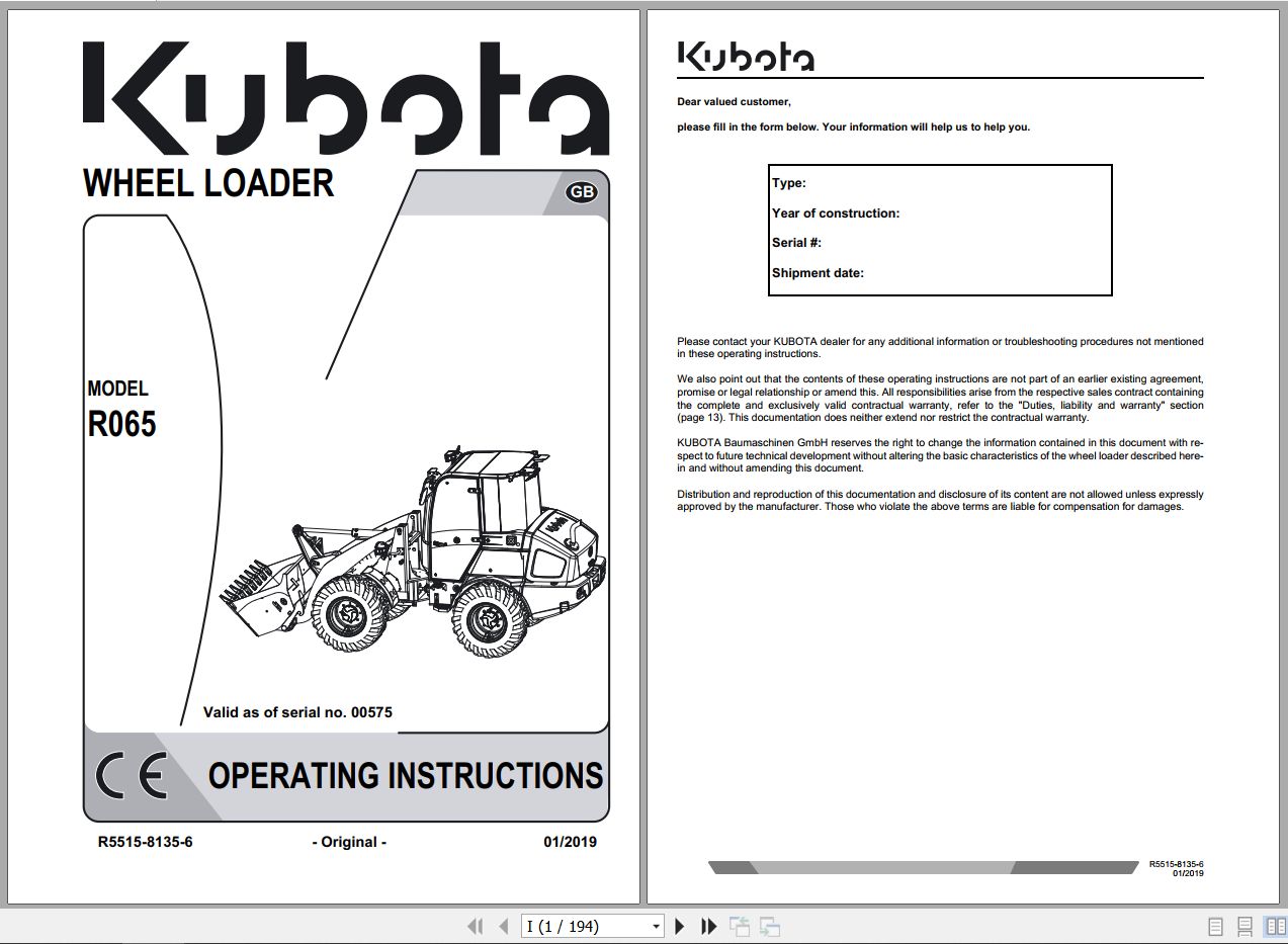 Kubota Wheel Loader R065 Operating Instructions R5515 8135 6 2019 (1)