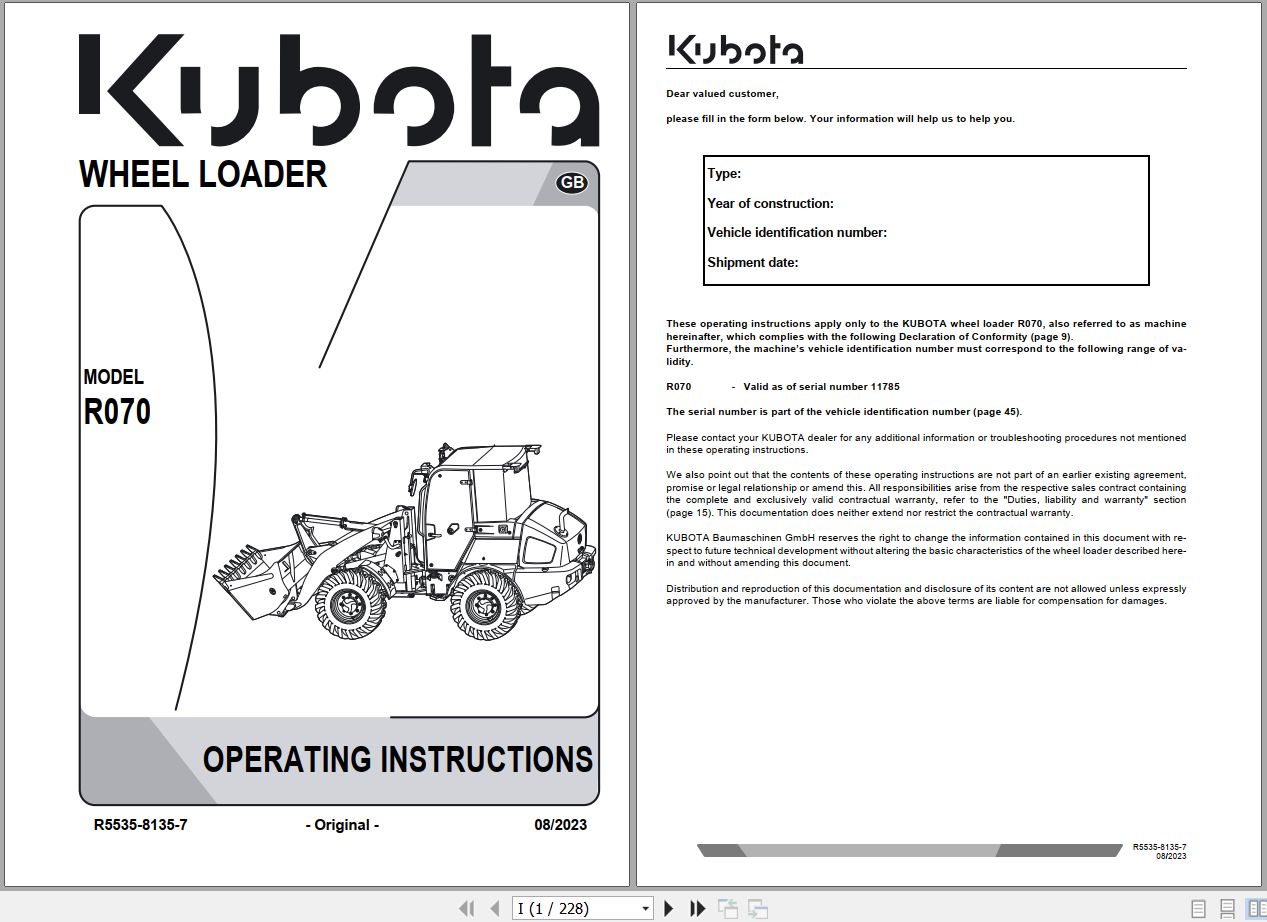 Kubota Wheel Loader R070 Operating Instruction R5535 8135 7 2023 (1)