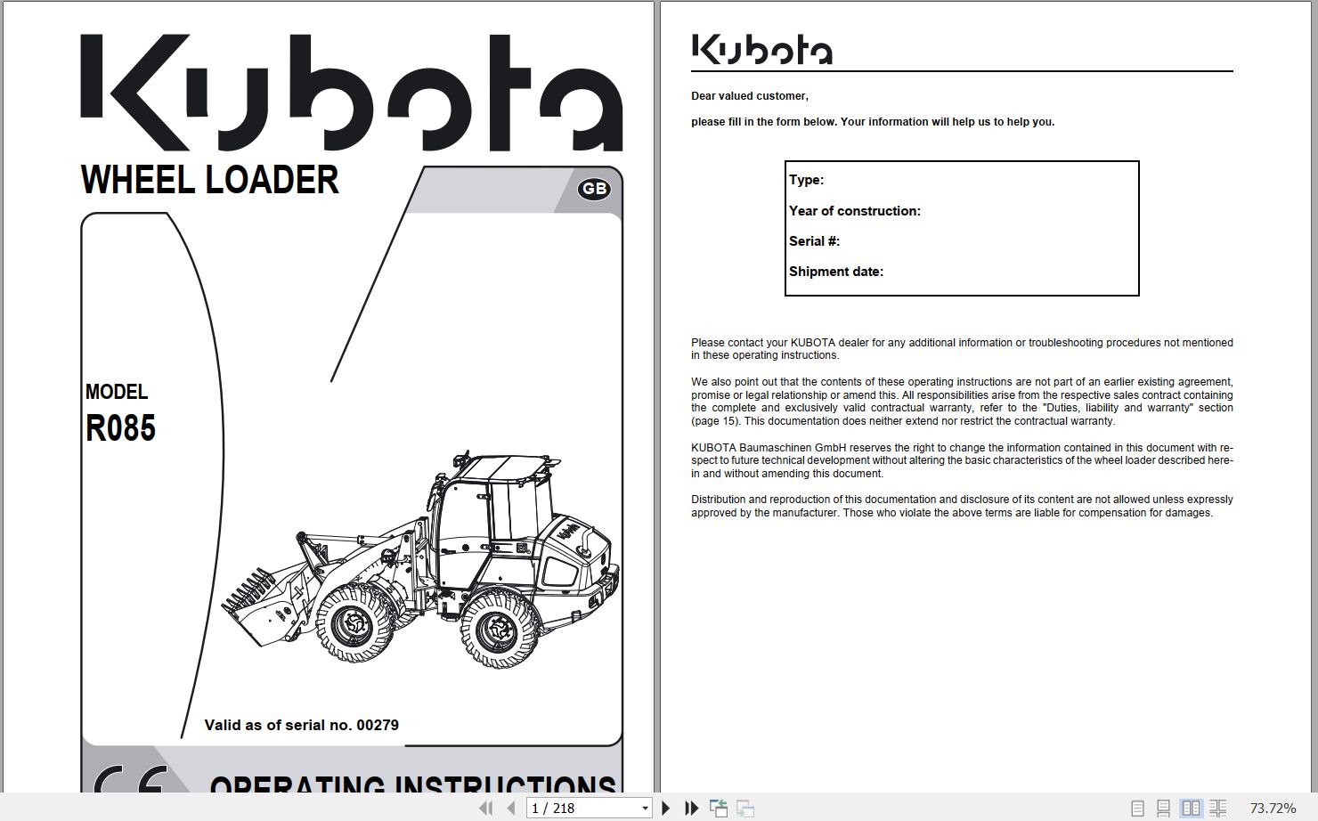 Kubota Wheel Loader R085 Operating Instruction R5615 8135 4 2016 (1)