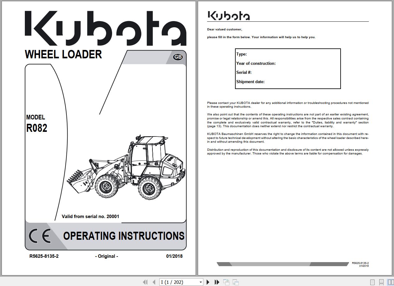 Kubota Wheel Loader R085 Operating Instruction R5625 8135 2 2018 (1)