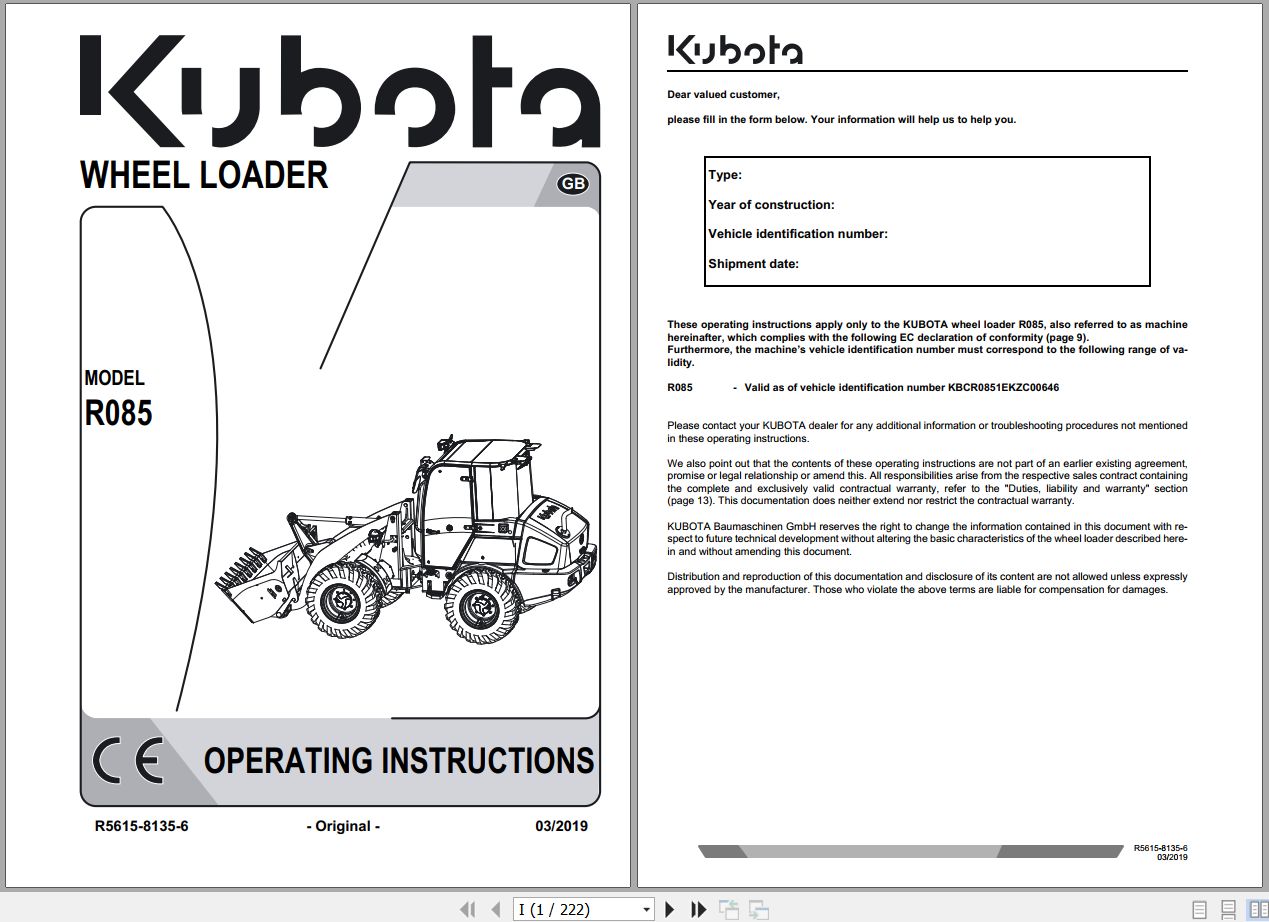 Kubota Wheel Loader R085 Operating Instructions R5615 8135 6 2019 (1)