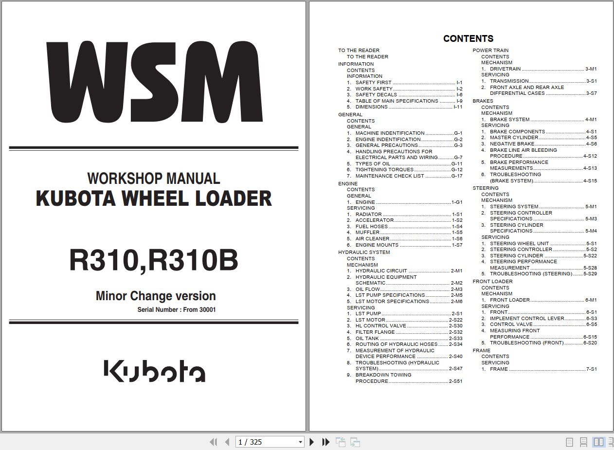 Kubota Wheel Loader R310 R310B Workshop Manual RY921 21060 2011 (1)