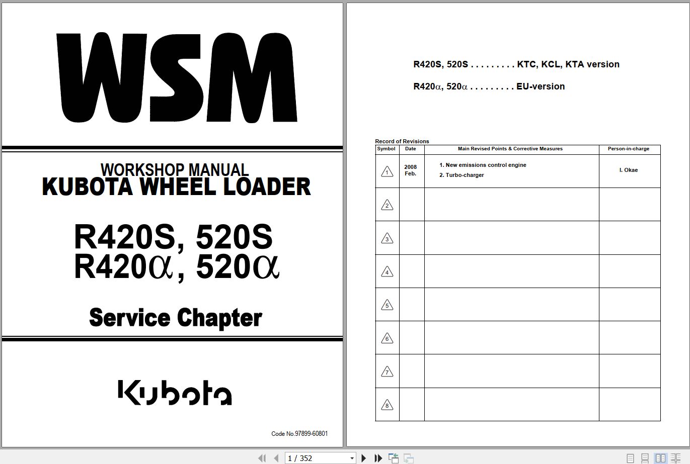 Kubota Wheel Loader R420S R520S R420a R520a Workshop Manual 97899 60801 (1)