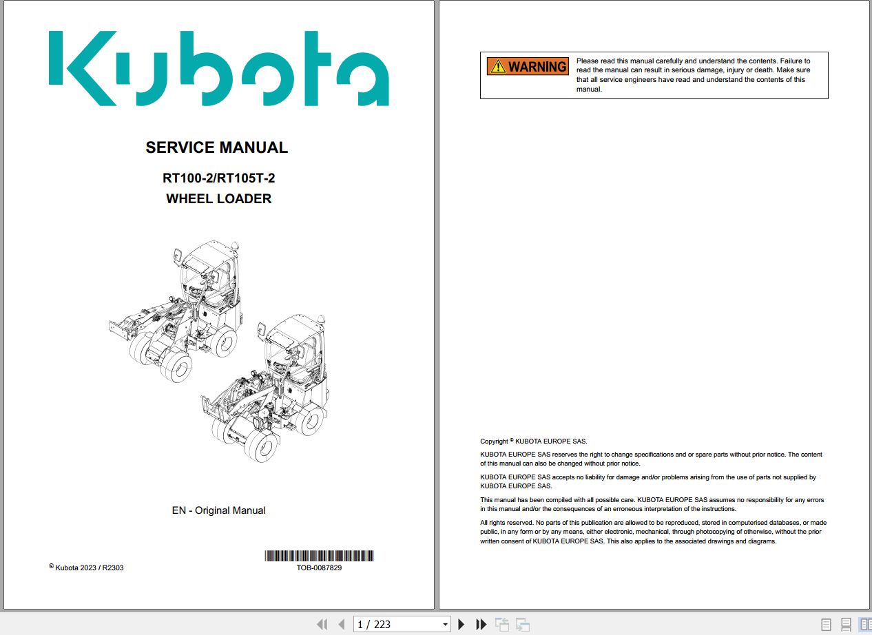 Kubota Wheel Loader RT100 2 RT105T 2 Service Manual TOB 0087829 2023 (1)